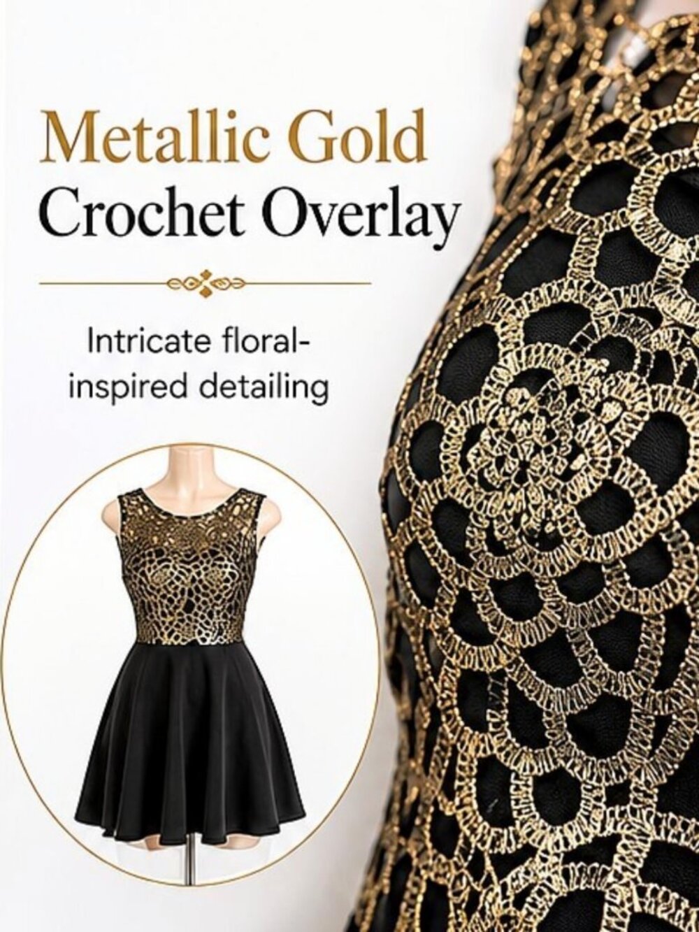 Metallic Gold Black Crochet Lace Overlay Bodycon Mini Size M - Picture 5 of 8